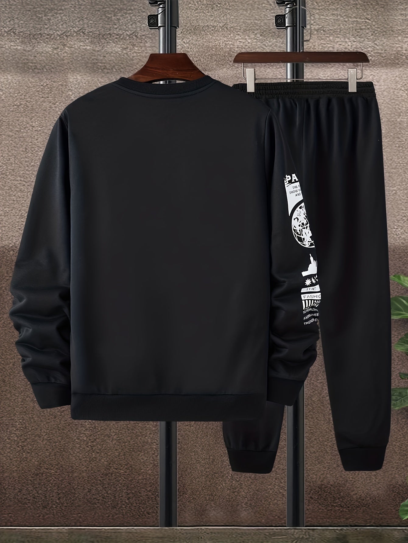 PARIS Print Men's 2-piece Streetwear Set, Men's Trendy Long Sleeve Round Neck Sweatshirt & Long Sports Trousers Set, Spring Fall Outfit
