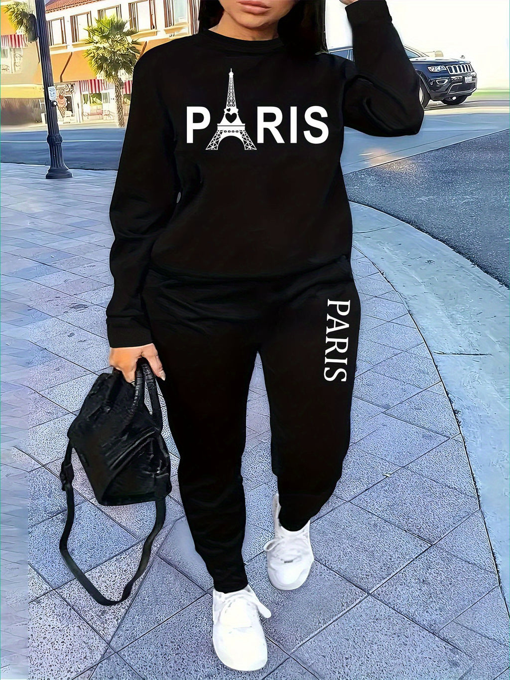 Paris-Inspired Women's Casual Sweatshirt & Jogger Set - Letter Print, Crew Neck, Long Sleeve, Machine Washable - Perfect for Fall/Winter