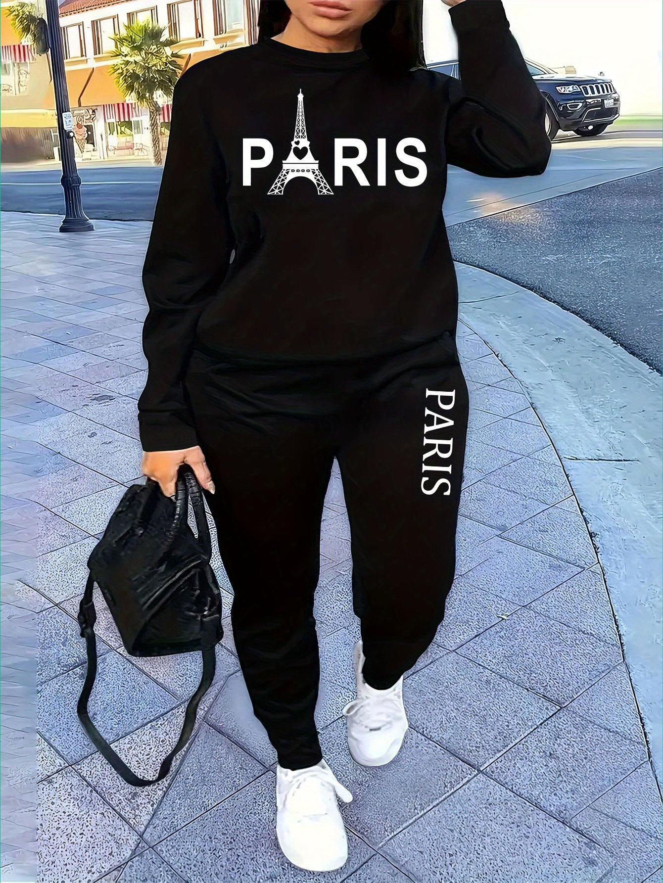 Paris-Inspired Women's Casual Sweatshirt & Jogger Set - Letter Print, Crew Neck, Long Sleeve, Machine Washable - Perfect for Fall/Winter