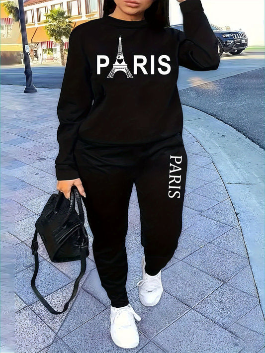 Paris-Inspired Women's Casual Sweatshirt & Jogger Set - Letter Print, Crew Neck, Long Sleeve, Machine Washable - Perfect for Fall/Winter