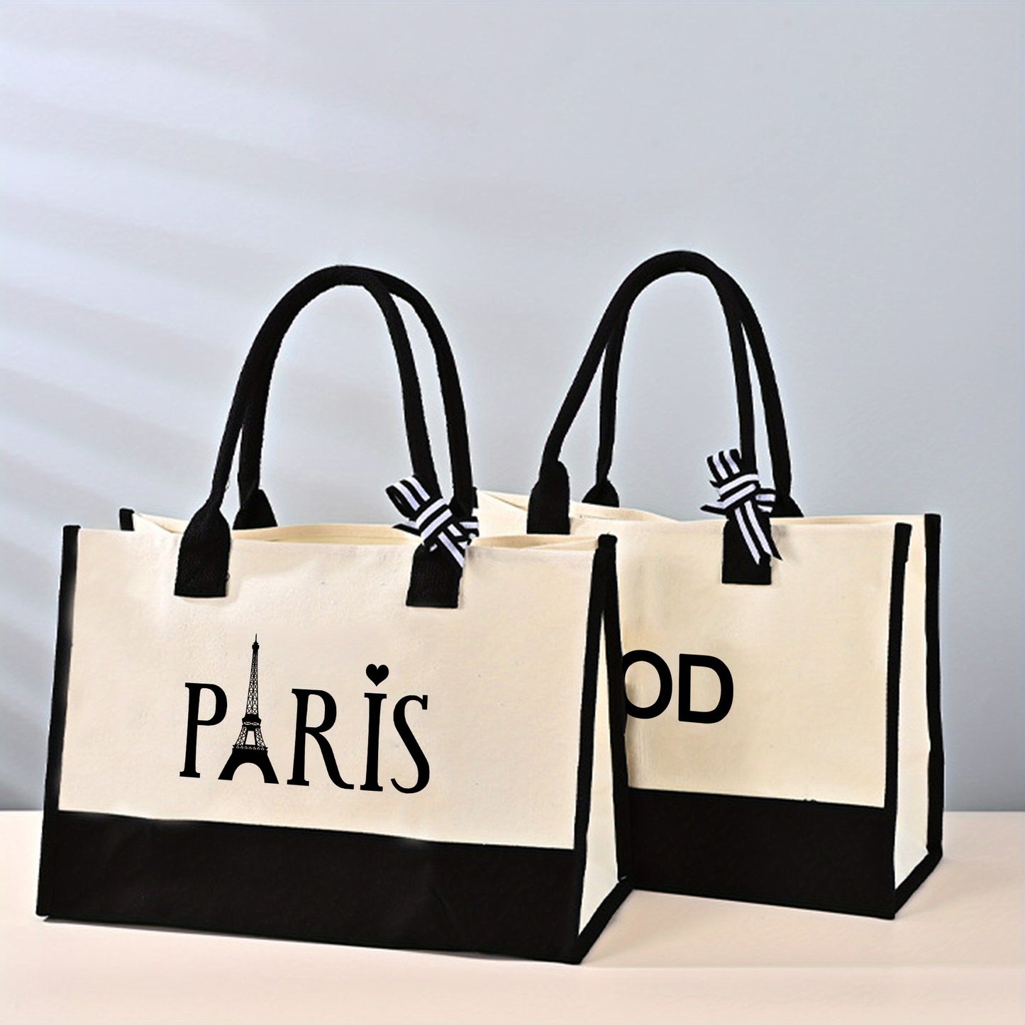 Paris & Mood Pattern Canvas Beach Bag, Versatile Tote Bag, Casual Large Capacity Shopping Tote Bag, Gift Wrapping Bag