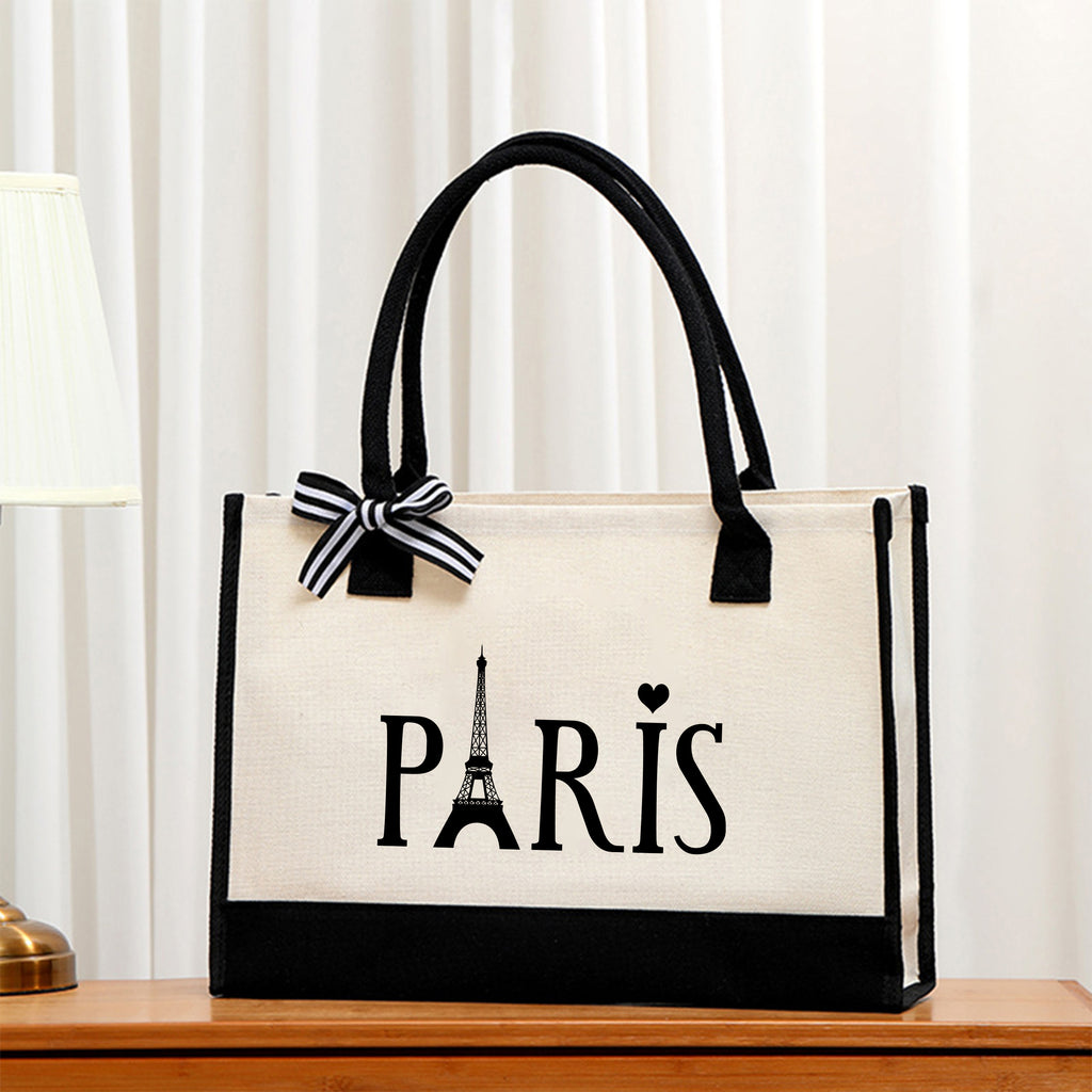 Paris & Mood Pattern Canvas Beach Bag, Versatile Tote Bag, Casual Large Capacity Shopping Tote Bag, Gift Wrapping Bag