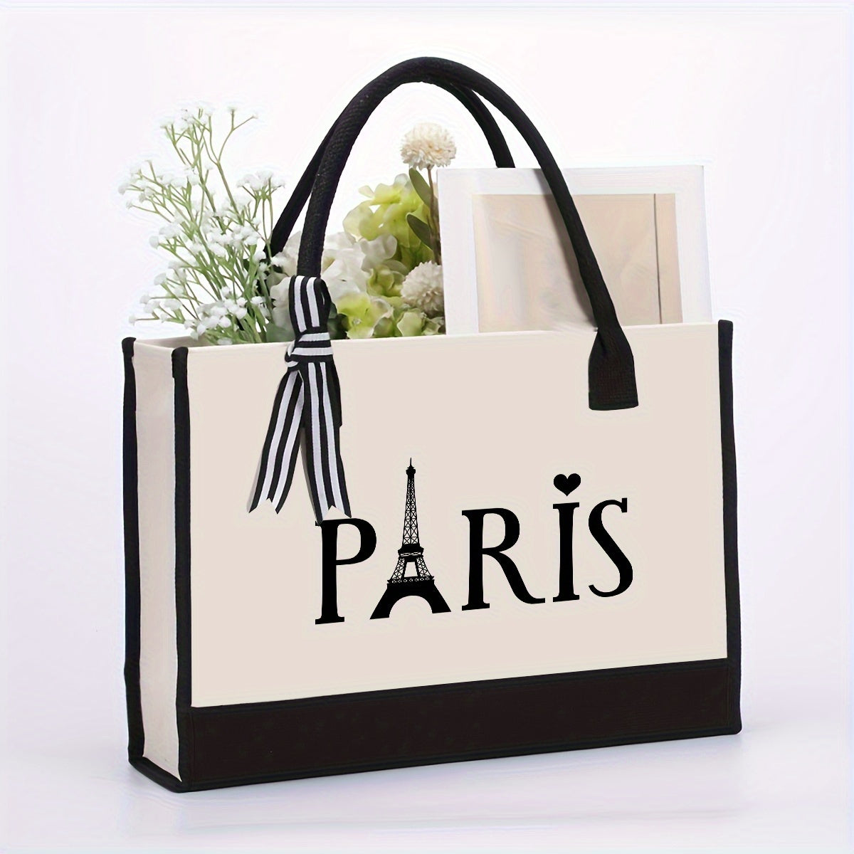Paris & Mood Pattern Canvas Beach Bag, Versatile Tote Bag, Casual Large Capacity Shopping Tote Bag, Gift Wrapping Bag
