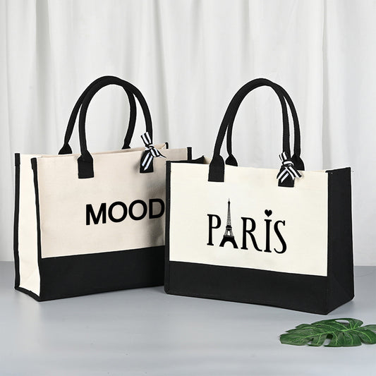 Paris & Mood Pattern Canvas Beach Bag, Versatile Tote Bag, Casual Large Capacity Shopping Tote Bag, Gift Wrapping Bag