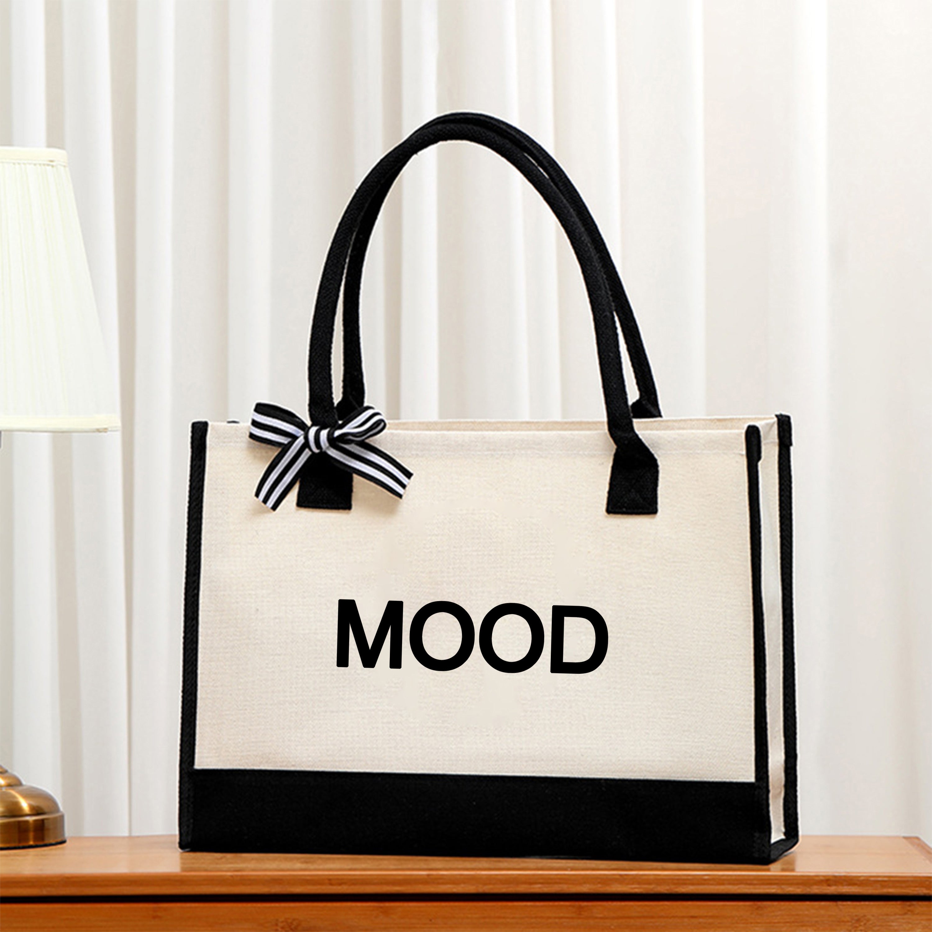 Paris & Mood Pattern Canvas Beach Bag, Versatile Tote Bag, Casual Large Capacity Shopping Tote Bag, Gift Wrapping Bag