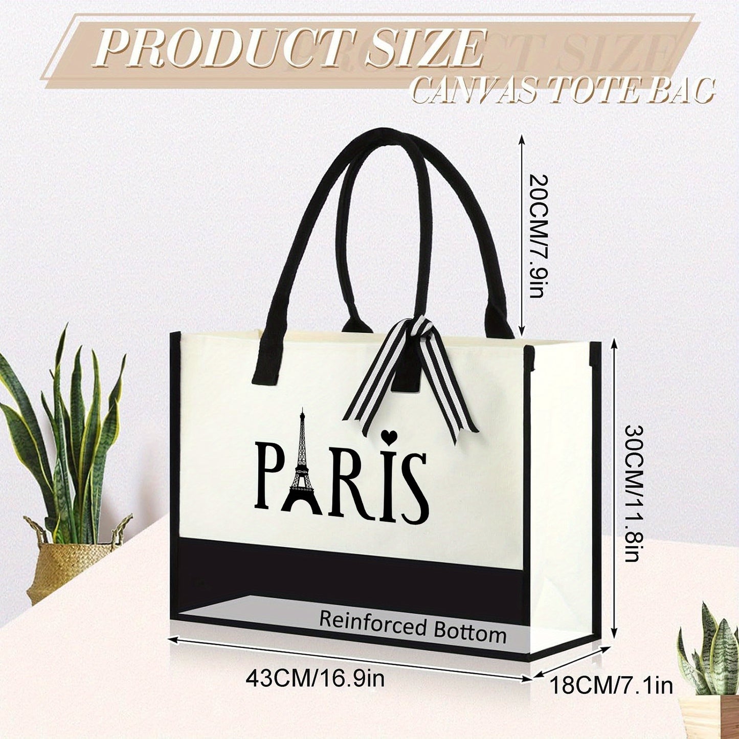 Paris & Mood Pattern Canvas Beach Bag, Versatile Tote Bag, Casual Large Capacity Shopping Tote Bag, Gift Wrapping Bag
