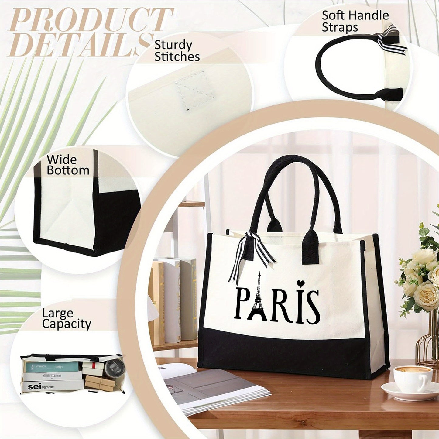 Paris & Mood Pattern Canvas Beach Bag, Versatile Tote Bag, Casual Large Capacity Shopping Tote Bag, Gift Wrapping Bag