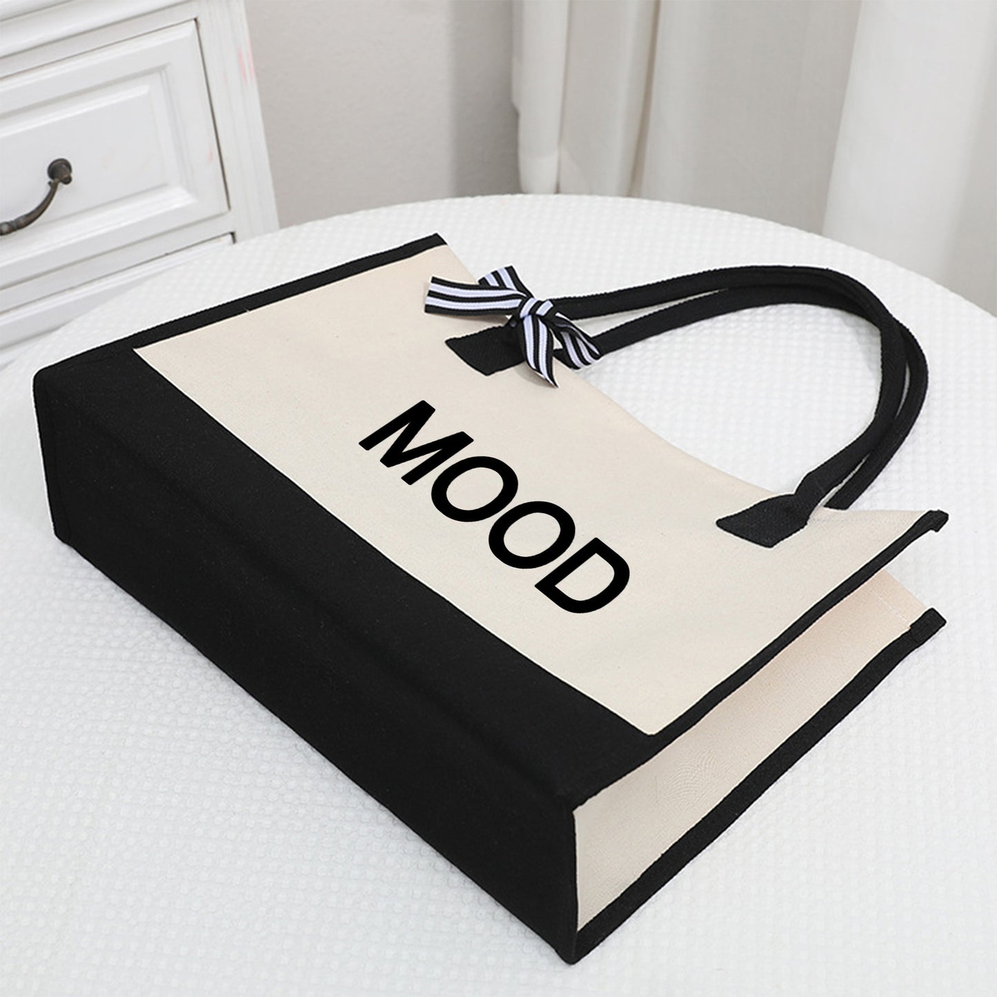 Paris & Mood Pattern Canvas Beach Bag, Versatile Tote Bag, Casual Large Capacity Shopping Tote Bag, Gift Wrapping Bag