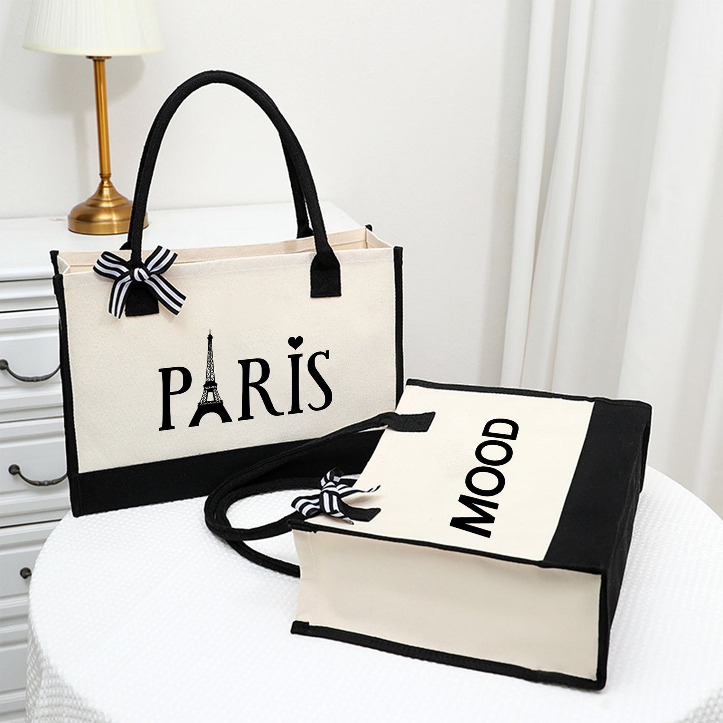 Paris & Mood Pattern Canvas Beach Bag, Versatile Tote Bag, Casual Large Capacity Shopping Tote Bag, Gift Wrapping Bag