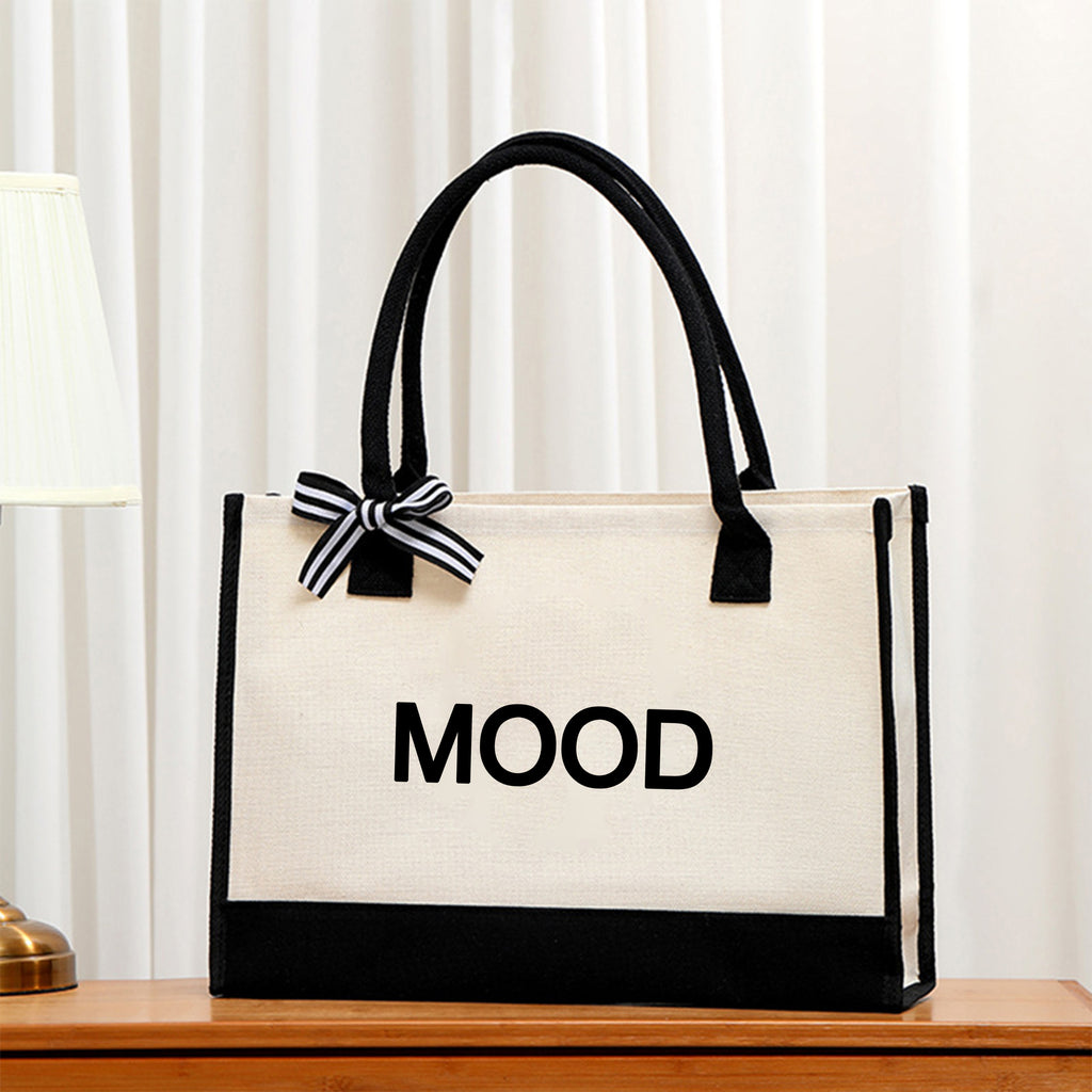 Paris & Mood Pattern Canvas Beach Bag, Versatile Tote Bag, Casual Large Capacity Shopping Tote Bag, Gift Wrapping Bag