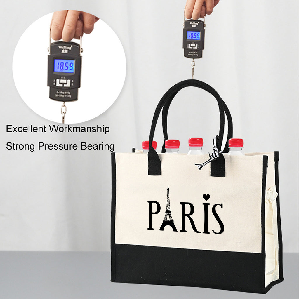 Paris & Mood Pattern Canvas Beach Bag, Versatile Tote Bag, Casual Large Capacity Shopping Tote Bag, Gift Wrapping Bag
