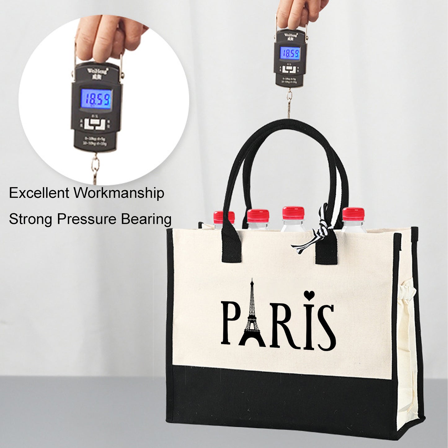 Paris & Mood Pattern Canvas Beach Bag, Versatile Tote Bag, Casual Large Capacity Shopping Tote Bag, Gift Wrapping Bag