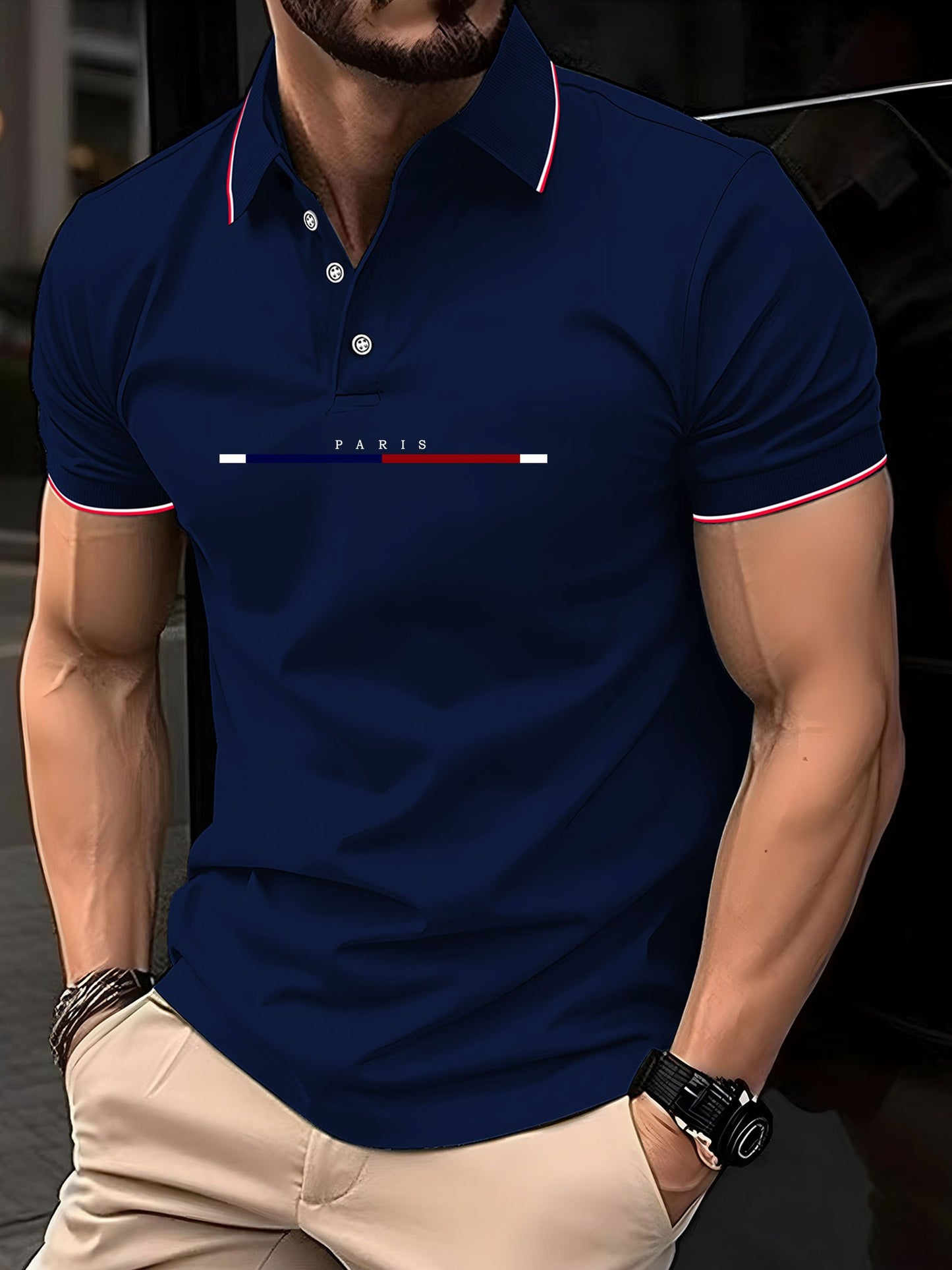 Men'S Stylish Black Polo Shirt with "PARIS" Print - Red & White Stripes, Casual Summer Wear, Breathable & Comfortable, Perfect for Outdoor Activities & Casual Events, Casual Summer Shirt|Stylish Casualwear|Comfortable Fit