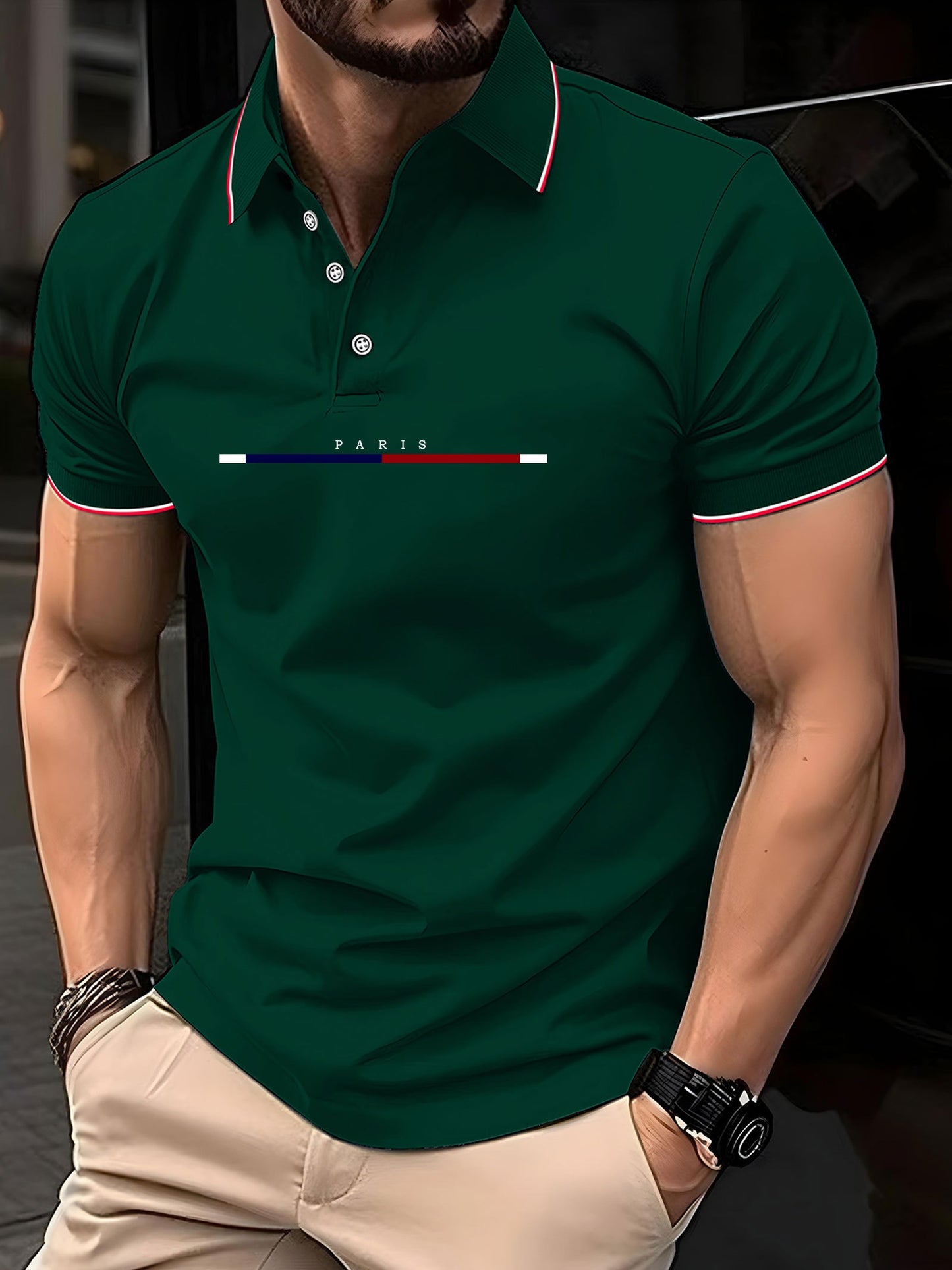 Men'S Stylish Black Polo Shirt with "PARIS" Print - Red & White Stripes, Casual Summer Wear, Breathable & Comfortable, Perfect for Outdoor Activities & Casual Events, Casual Summer Shirt|Stylish Casualwear|Comfortable Fit