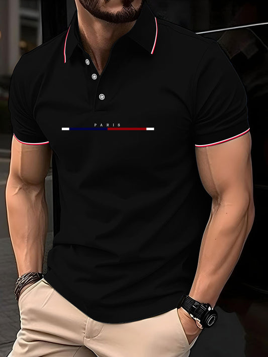 Men'S Stylish Black Polo Shirt with "PARIS" Print - Red & White Stripes, Casual Summer Wear, Breathable & Comfortable, Perfect for Outdoor Activities & Casual Events, Casual Summer Shirt|Stylish Casualwear|Comfortable Fit