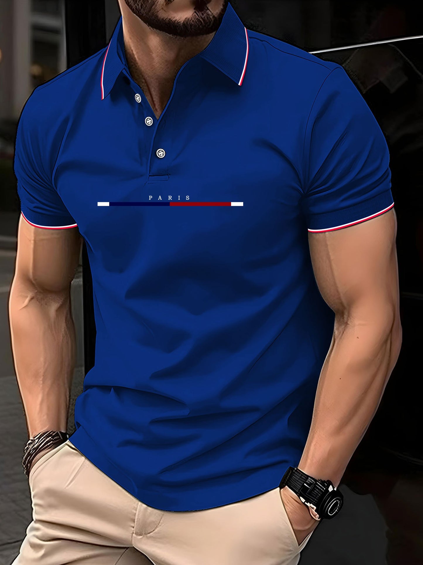 Men'S Stylish Black Polo Shirt with "PARIS" Print - Red & White Stripes, Casual Summer Wear, Breathable & Comfortable, Perfect for Outdoor Activities & Casual Events, Casual Summer Shirt|Stylish Casualwear|Comfortable Fit