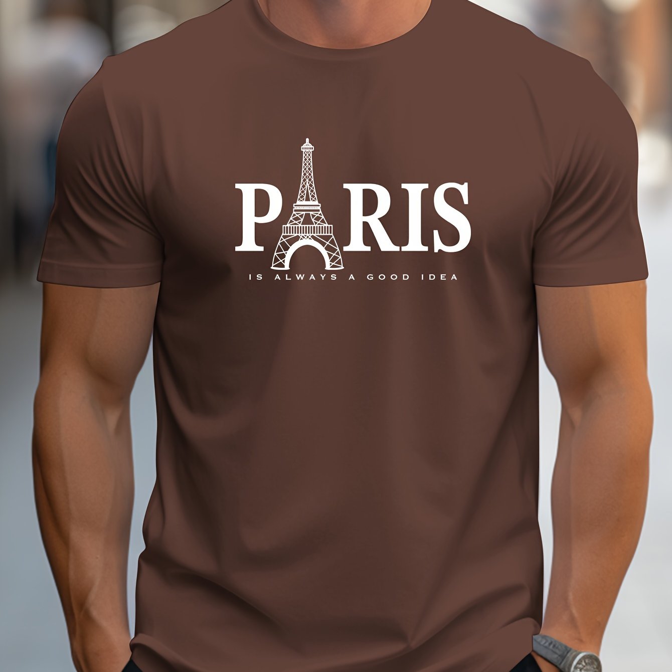 Men's Paris Eiffel Tower Graphic Tee - Casual Crew Neck, Short Sleeve T-Shirt with Stretch Fabric, Machine Washable - Summer Essential