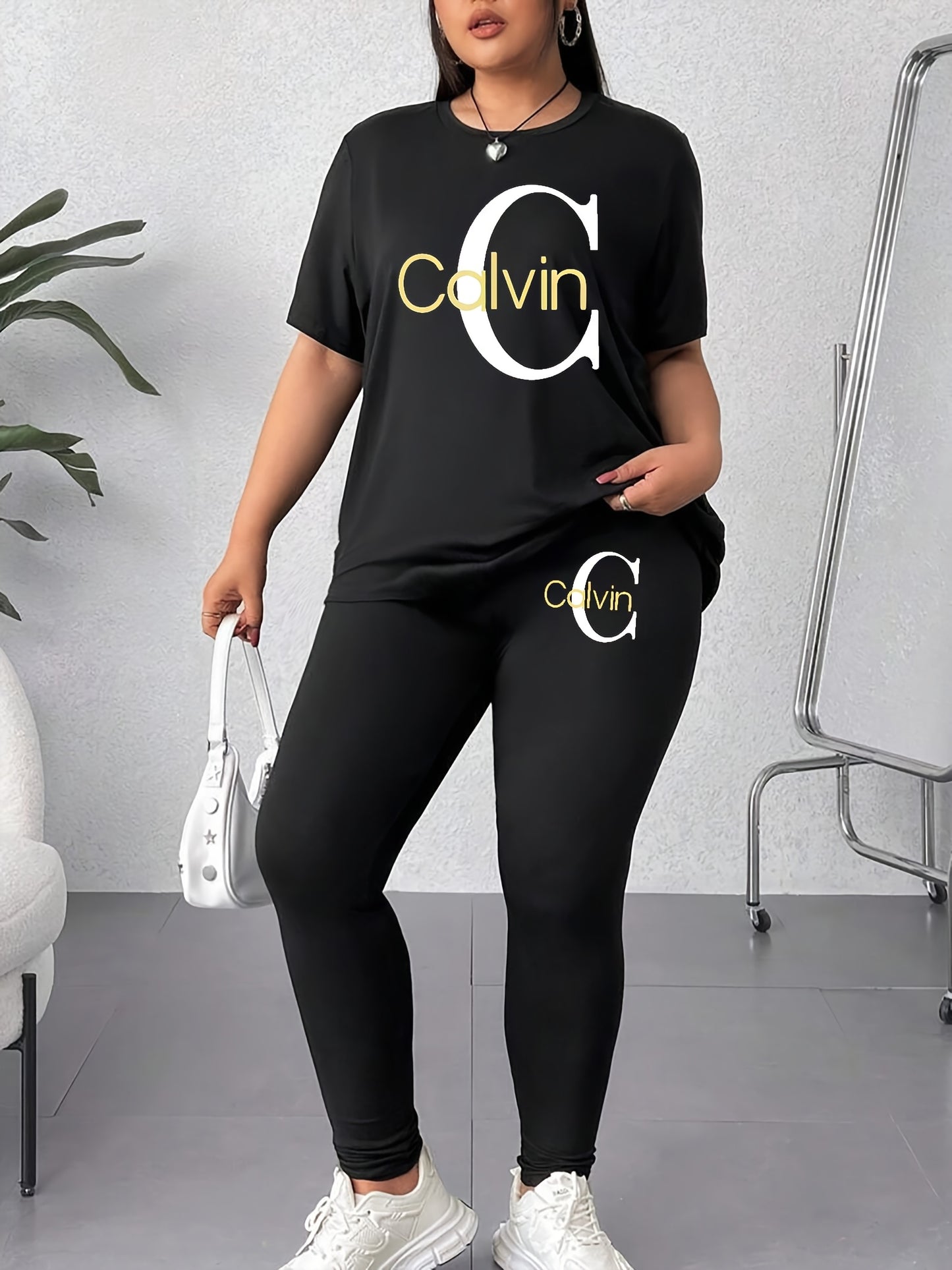 Women'S Plus Size Casual Activewear Set - Short Sleeve Graphic Tee & Pants, Black with White "Calvin" Print, Machine Washable, Perfect for Spring/Summer/Fal