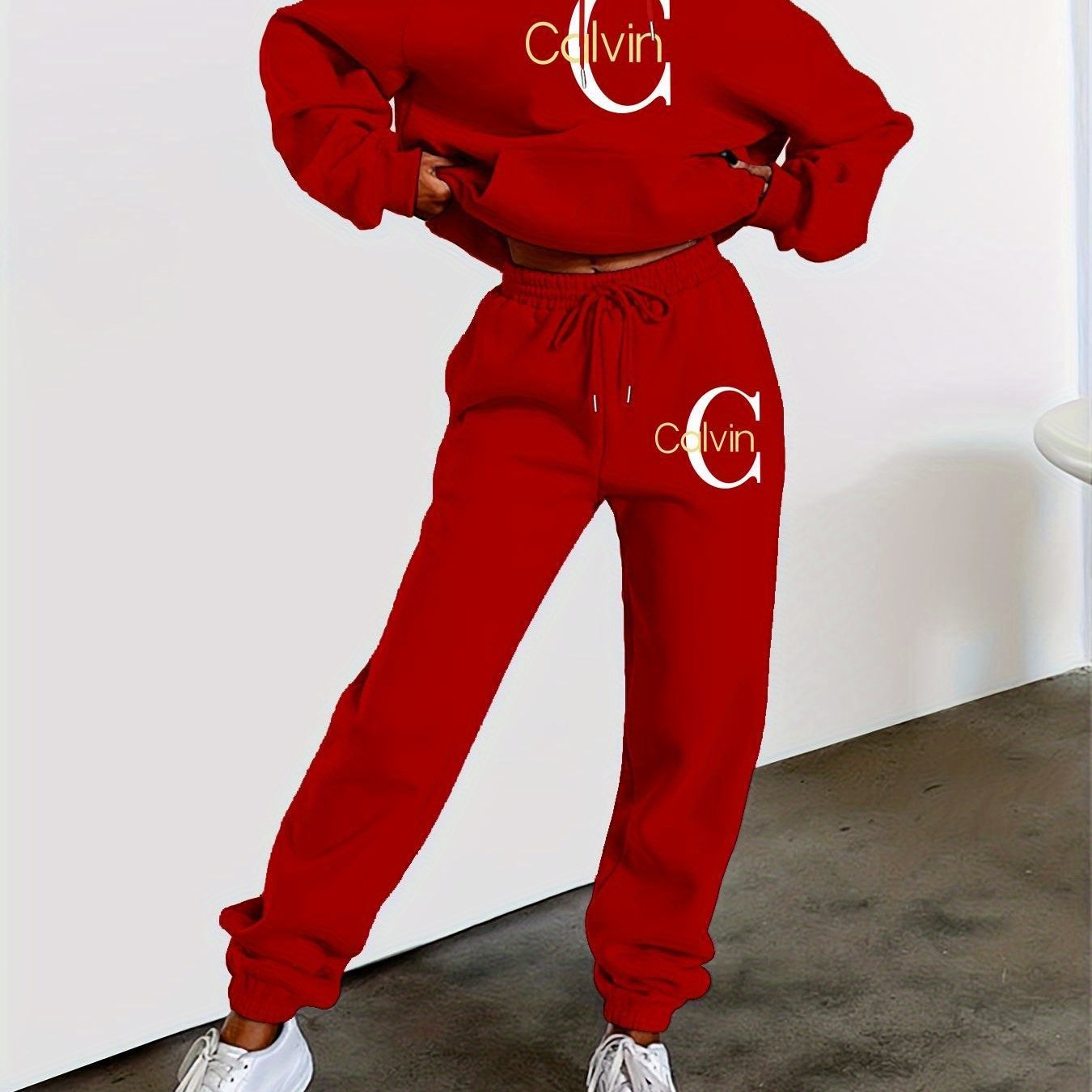 Women'S Printed Sweatshirt & Pants Set - Gray Pullover with "Calvin" Logo, Kangaroo Pocket, Machine Washable, Casual Wear, Casual Wear|Graphic Hoodie|Machine Washable Top, Sweater Hoodie