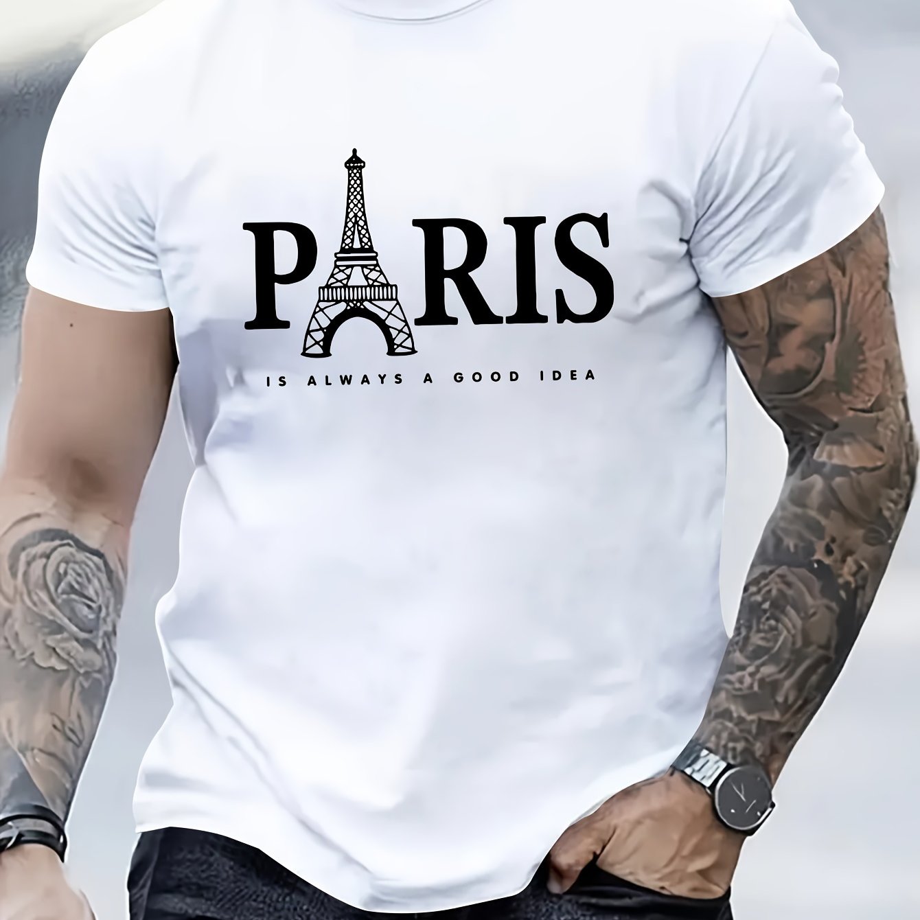 Paris Tower Printed Men's Casual Trendy Fashion Crew Neck T-shirt