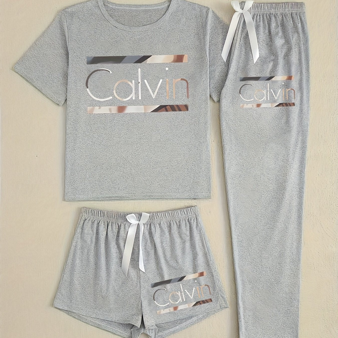 Three-Piece Pajama Set for Women with Calvin Print
