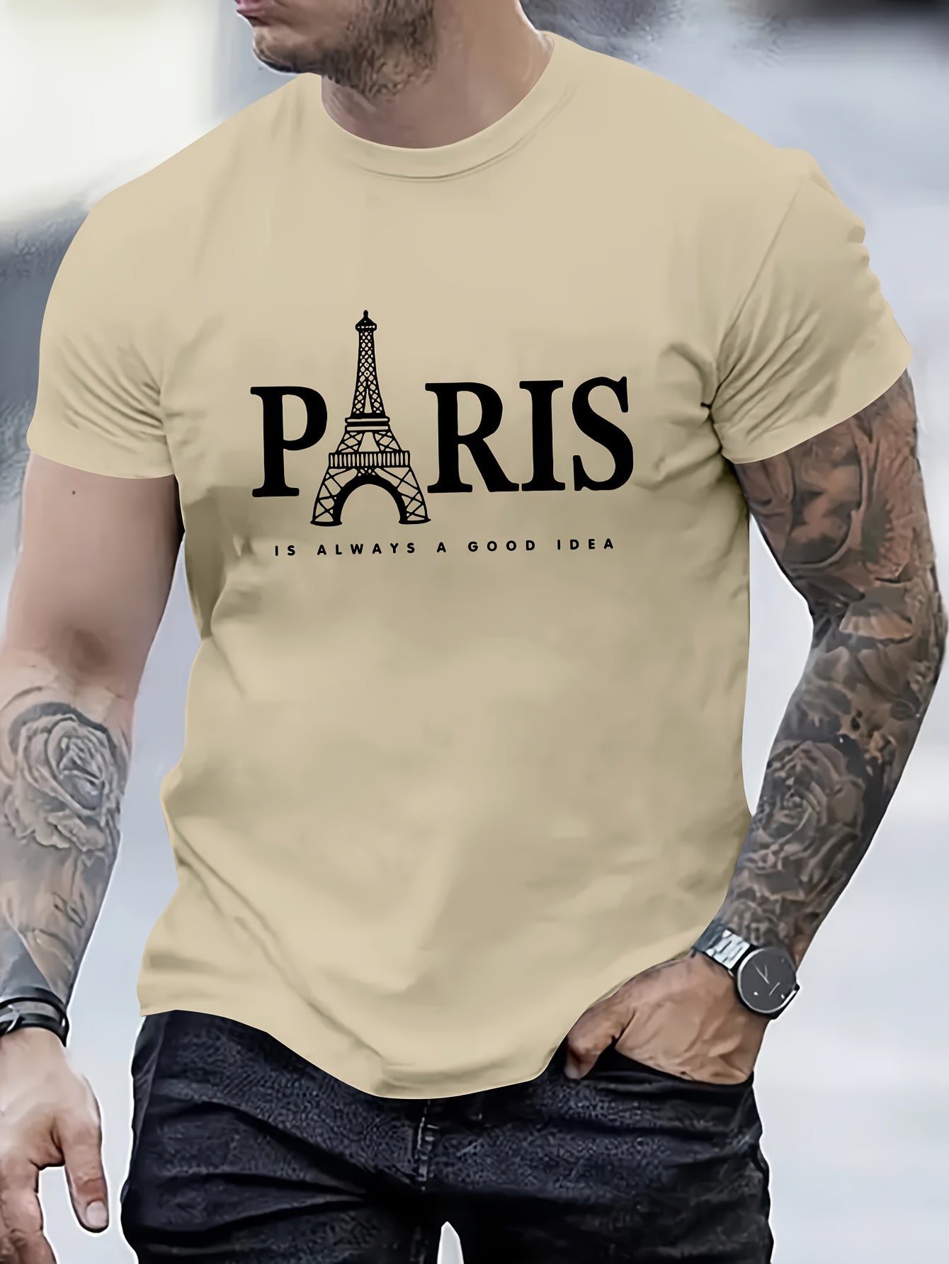 Paris Tower Printed Men's Casual Trendy Fashion Crew Neck T-shirt