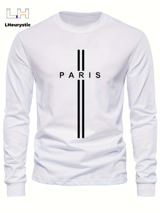 Stylish Paris Graphic Tee - Soft Crew Neck, Long Sleeve, Active Fit, Comfy Casual Wear for Spring, Summer, Autumn - Men's Fashion Clothing Tops