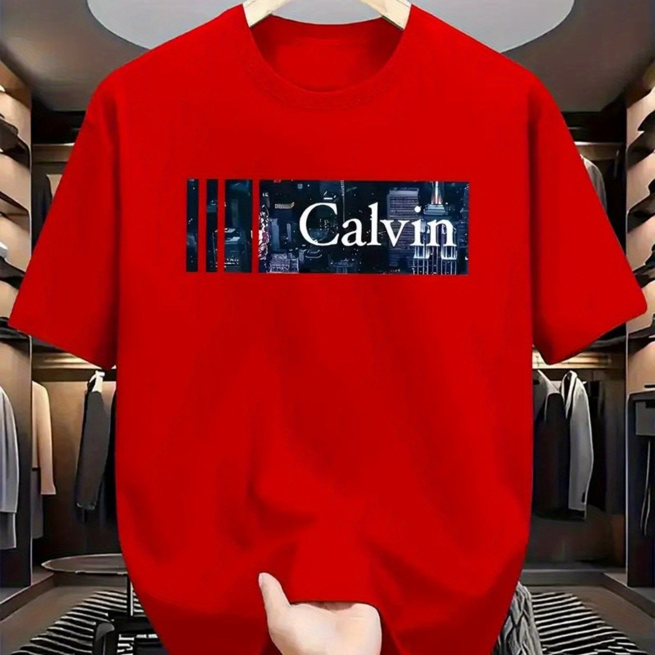 Men's 2025 New Casual Graphic T-Shirt - 100% Cotton Lightweight 180gsm, Bold CALVIN Print with Cityscape Design, Regular Fit Round Neck Short Sleeve Summer Tee, Machine Washable