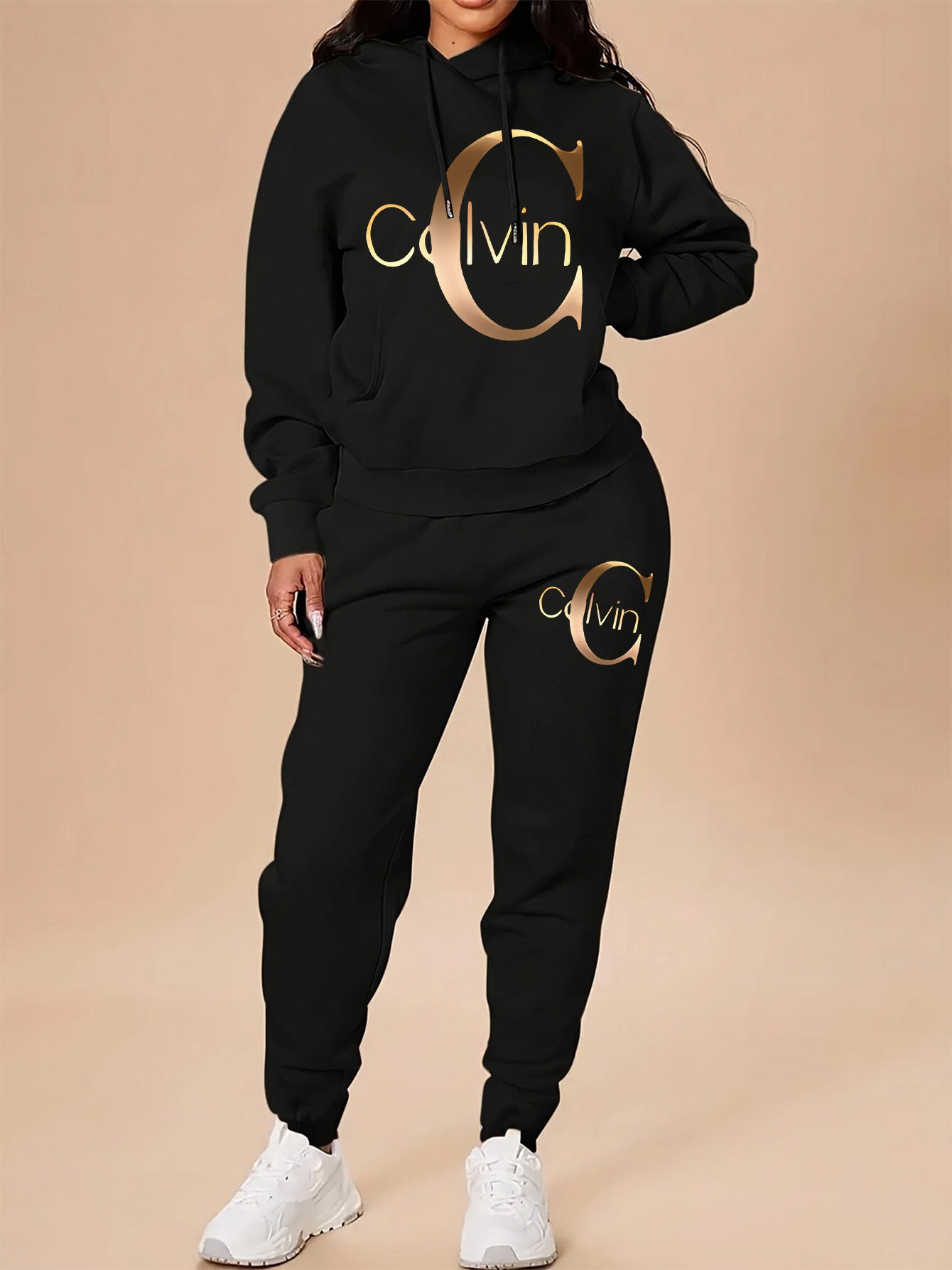 Women'S Calvin Letter Print Hoodie & Pants Set - Black with Golden Accents, Casual Style, All-Season Comfort, Casual Wear|Graphic Print Hoodie|Casual Style Pants, Sweatshirt & Pants Set