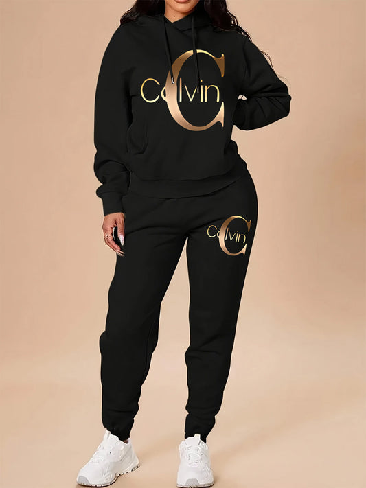 Women'S Calvin Letter Print Hoodie & Pants Set - Black with Golden Accents, Casual Style, All-Season Comfort, Casual Wear|Graphic Print Hoodie|Casual Style Pants, Sweatshirt & Pants Set