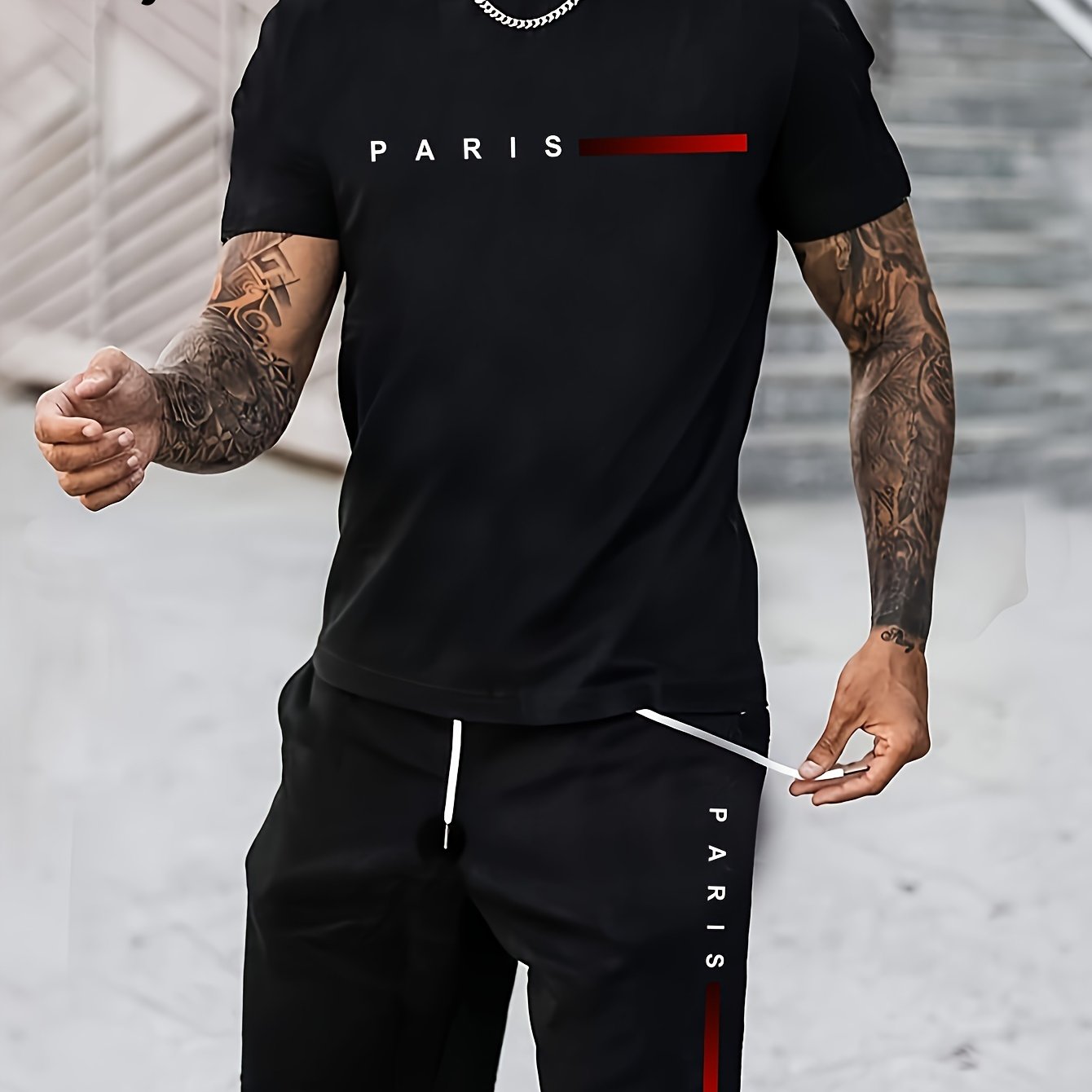 2pcs Paris Print Men's Short Sleeve T-shirt & Drawstring Shorts Casual Sports Regular Tee Top Pants Suit Outfits for Spring Summer