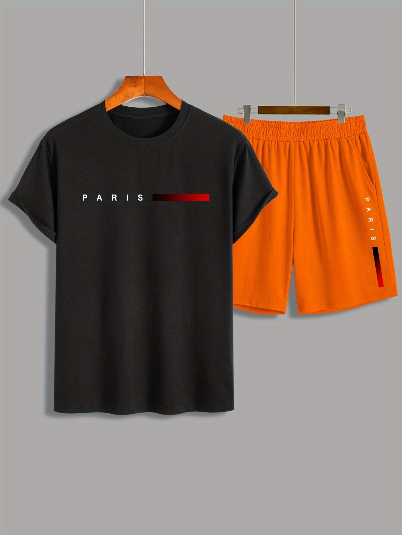 2Pcs Summer Comfy Outfits - Paris Pattern Print Short Sleeve Crew Neck T-shirt & Jogger Shorts Set for Men - Soft Slight Stretch Polyester Fabric, Regular Fit, Hand Washable, Casual Style