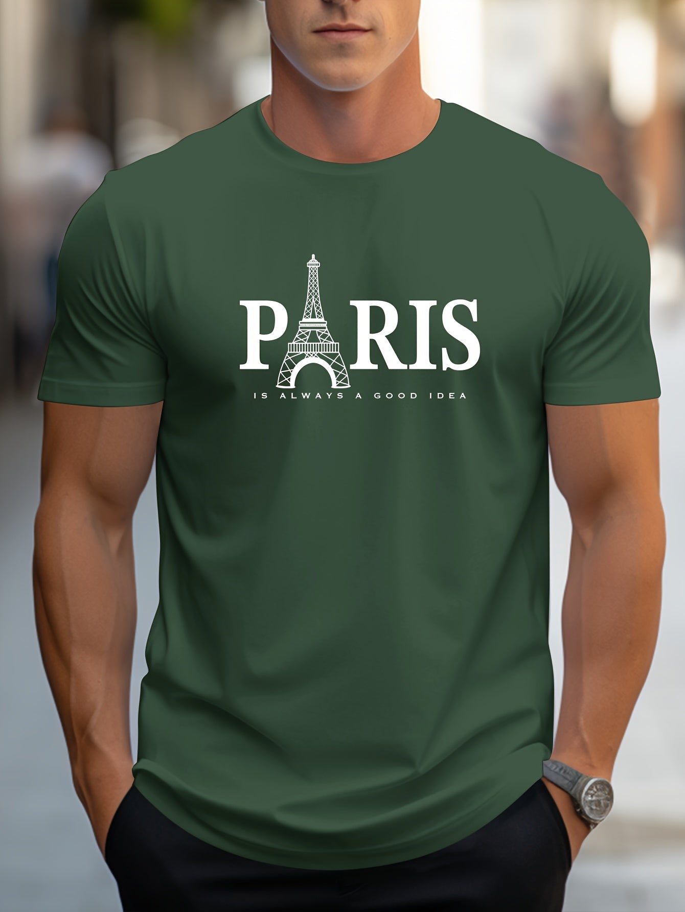 Men's Paris Eiffel Tower Graphic Tee - Casual Crew Neck, Short Sleeve T-Shirt with Stretch Fabric, Machine Washable - Summer Essential