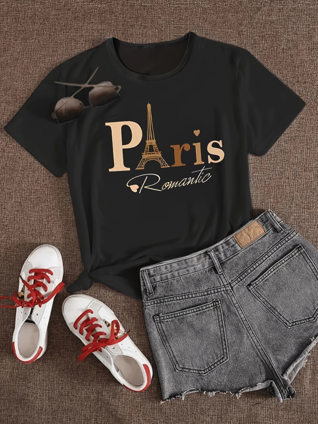 Plus Size Paris Print T-shirt - Women's Casual Short Sleeve Crew Neck Top for Spring & Summer, Vibrant Print, Comfortable Fit, Breathable Fabric, Perfect for Outdoor Activities