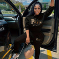 Paris Print Casual Pants Set, Crew Neck Long Sleeve Sweatshirt & Pocket Pants Outfits, Women's Clothing