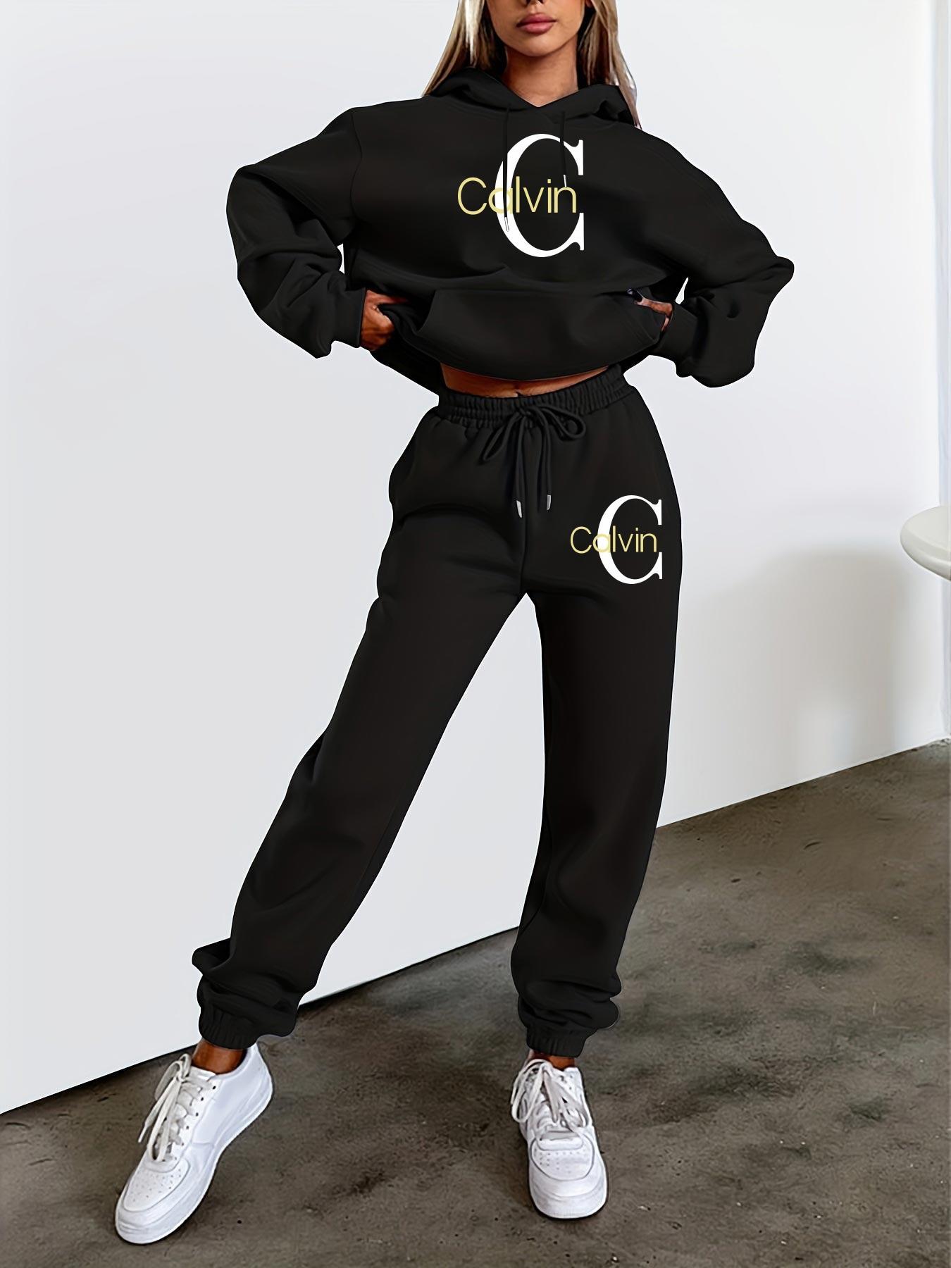 Women'S Printed Sweatshirt & Pants Set - Gray Pullover with "Calvin" Logo, Kangaroo Pocket, Machine Washable, Casual Wear, Casual Wear|Graphic Hoodie|Machine Washable Top, Sweater Hoodie