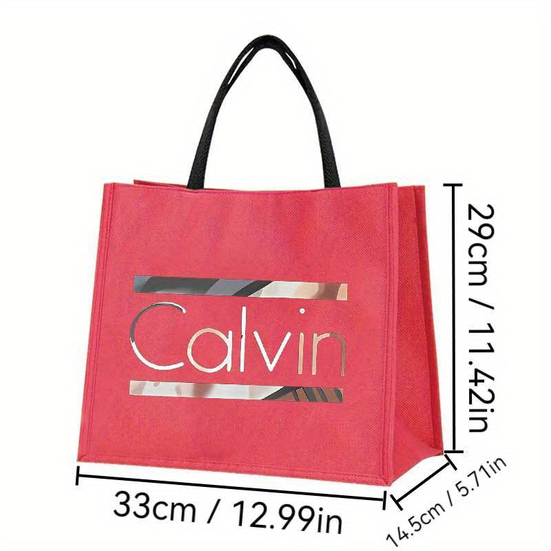 Calvin Print Large Capacity Tote Bag for Women - Vibrant Rose Red Durable Polyester Handbag with Bold CALVIN Lettering, Perfect for Weddings, Travel, Shopping & Daily Use, Modern Fashion Accessory, Smooth Texture Finish