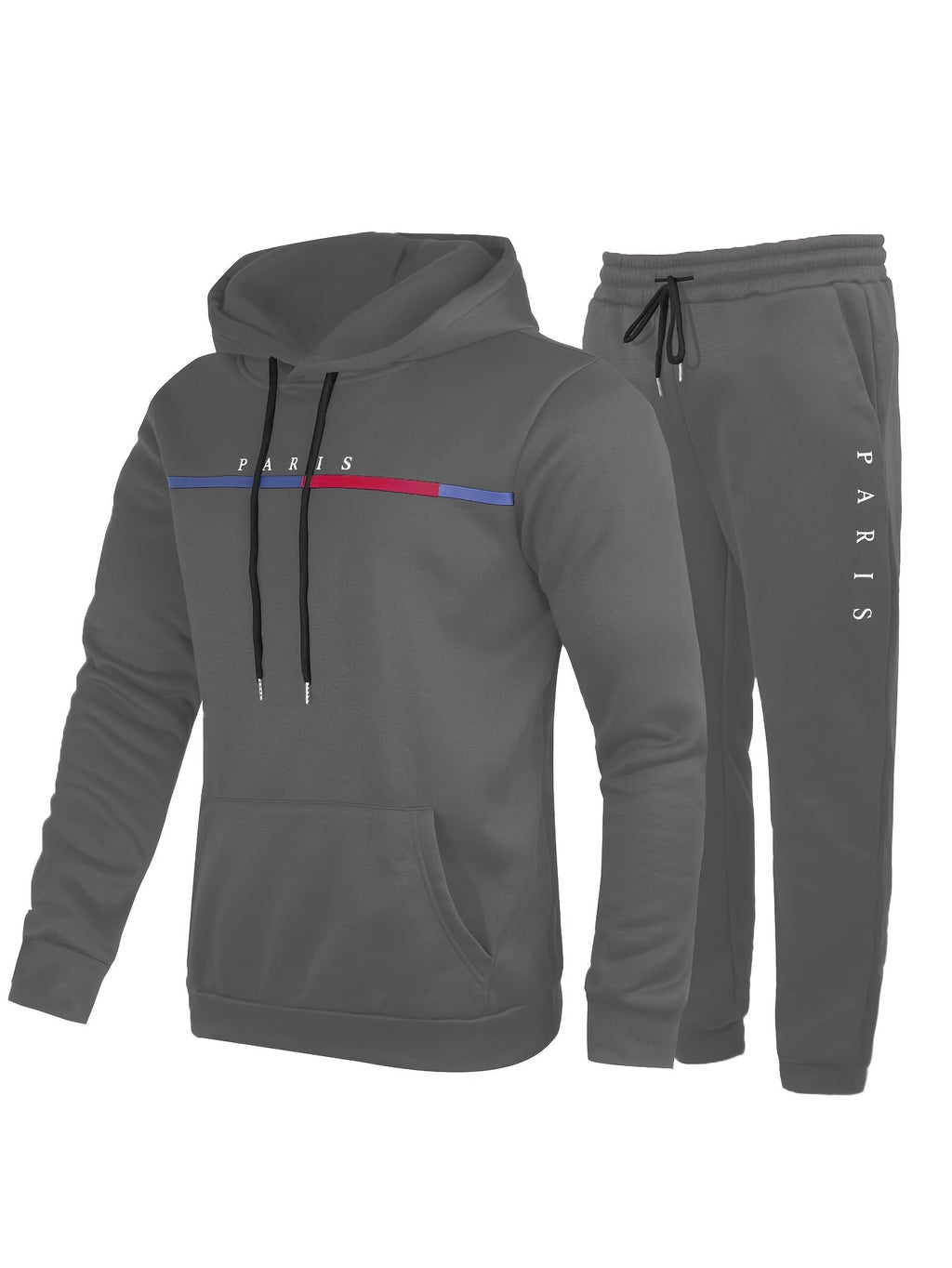 Paris Print, Men's 2Pcs Outfits, Casual Hoodies Long Sleeve Pullover Hooded Sweatshirt And Sweatpants Joggers Set For Spring Fall, Men's Clothing