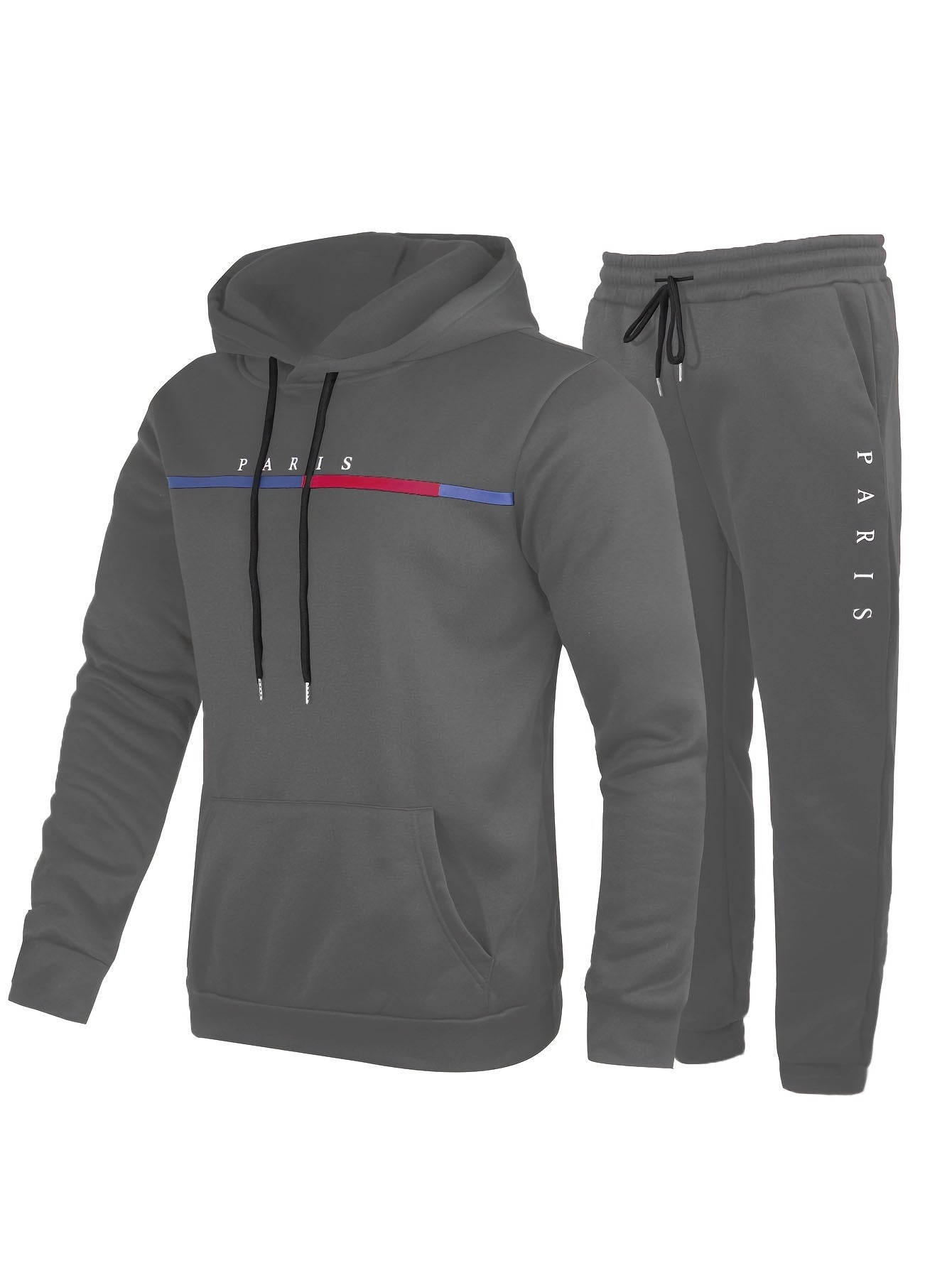 Paris Print, Men's 2Pcs Outfits, Casual Hoodies Long Sleeve Pullover Hooded Sweatshirt And Sweatpants Joggers Set For Spring Fall, Men's Clothing