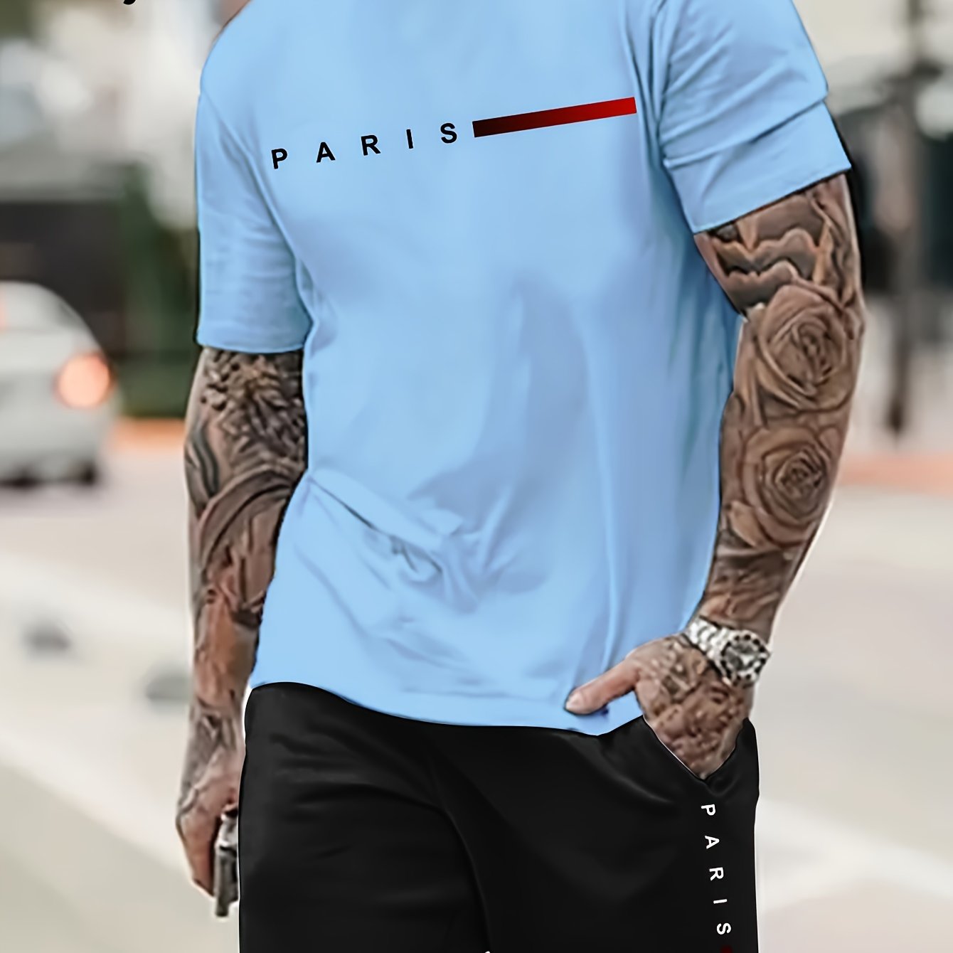 2pcs Paris Print Men's Short Sleeve T-shirt & Drawstring Shorts Casual Sports Regular Tee Top Pants Suit Outfits for Spring Summer