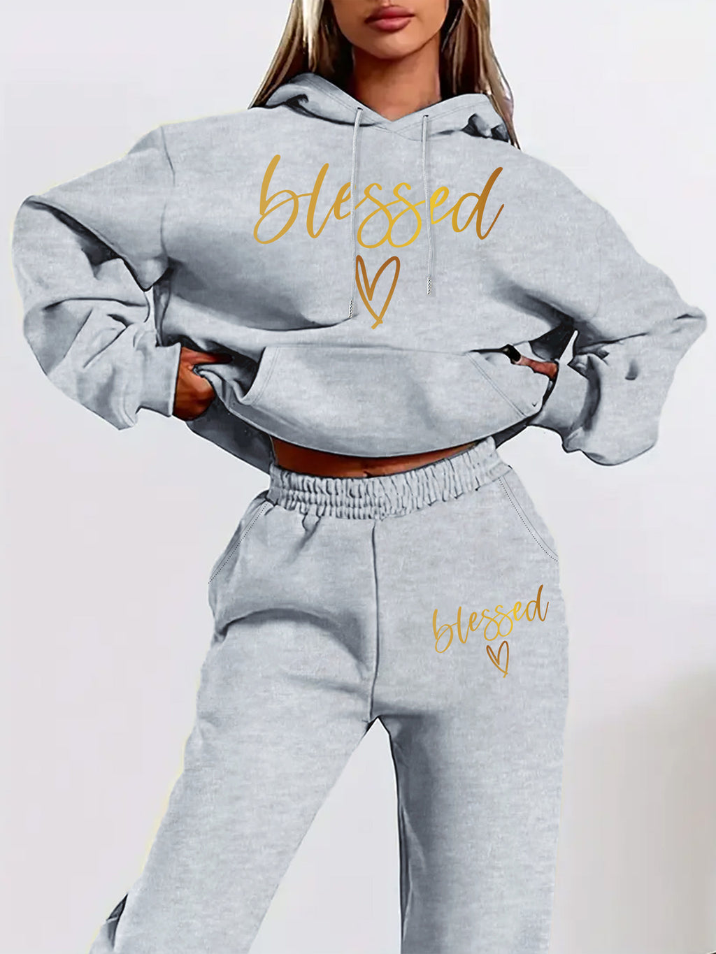 [Fleece-Lined | Casual Set] Fleece-Lined Women's Casual Hoodie & Pants Set - "Blessed" Graphic Print, Drawstring Waist, All-Season Comfort, Casual Attire, Wear, Style
