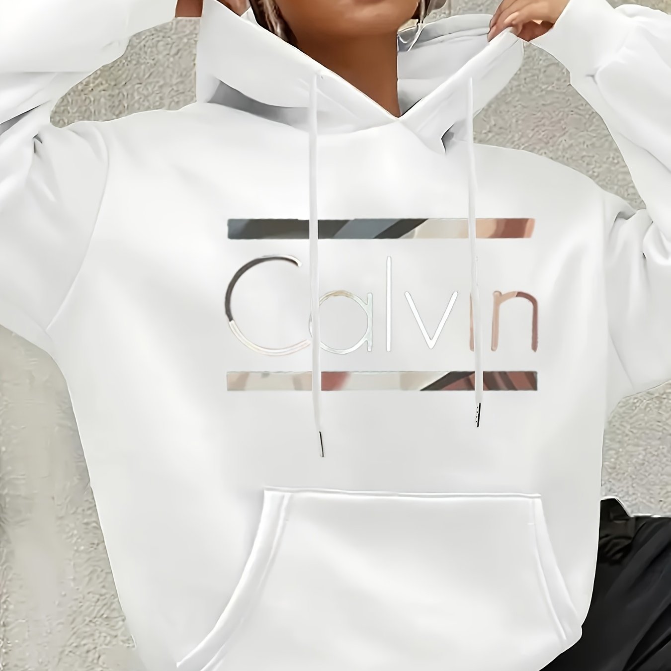 [Cozy Calvin Hoodie] Cozy Polyester Women's "Calvin" Graphic Hoodie | Casual Green Letter Print Pullover with Drawstrings, Long Sleeves, and Front Pocket