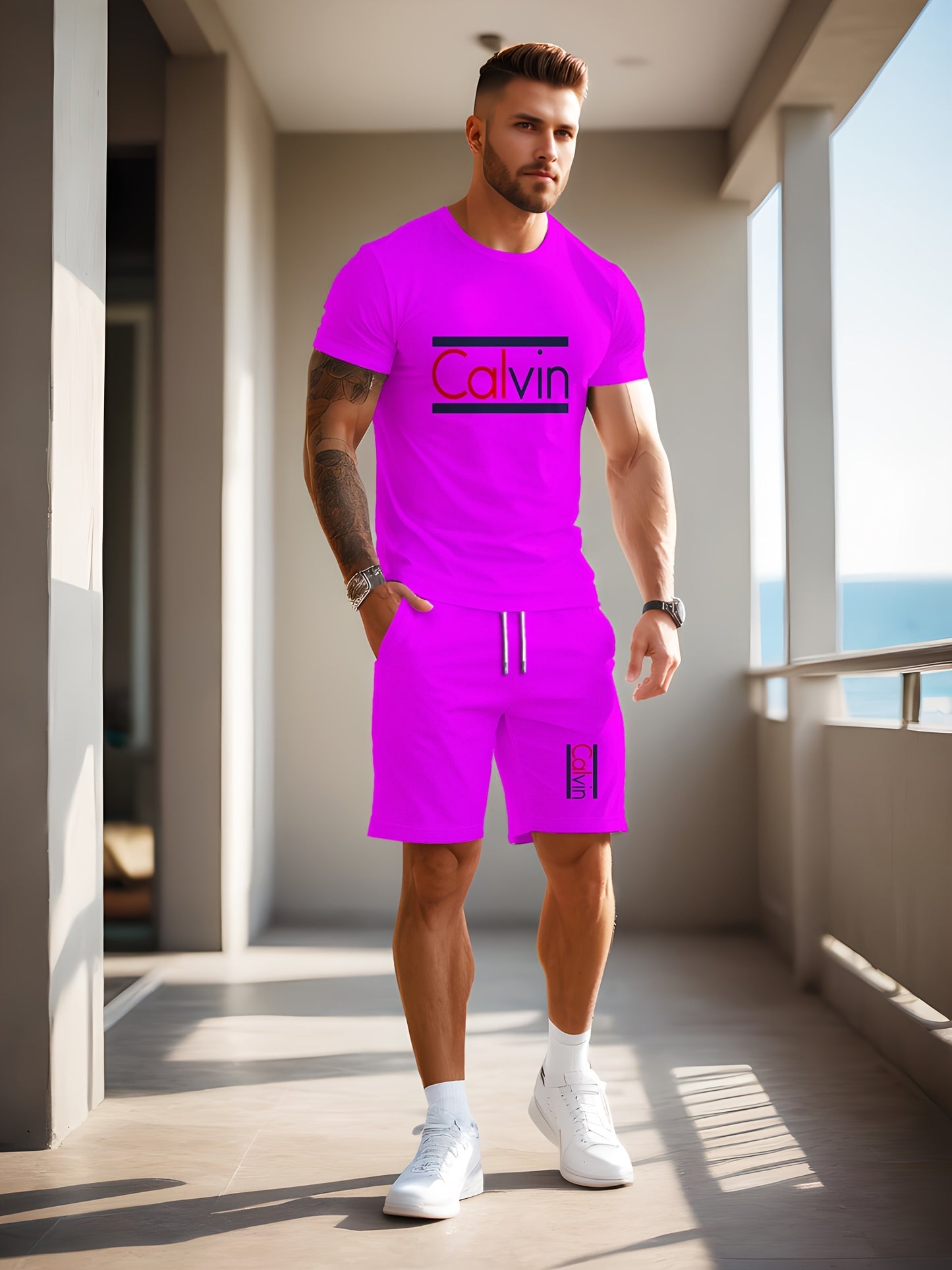 Men'S Casual Street Style 3D Quick-Dry Crew Neck Short Sleeve T-Shirt & Beach Shorts Set - Vibrant Pink with "Calvin" Letter Print, Lightweight Summer Outfit for Casual Attire, Beach Attire|Vibrant Print Tee|Lightweight Fabri