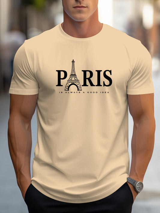 Men's Paris Eiffel Tower Graphic Tee - Casual Crew Neck, Short Sleeve T-Shirt with Stretch Fabric, Machine Washable - Summer Essential