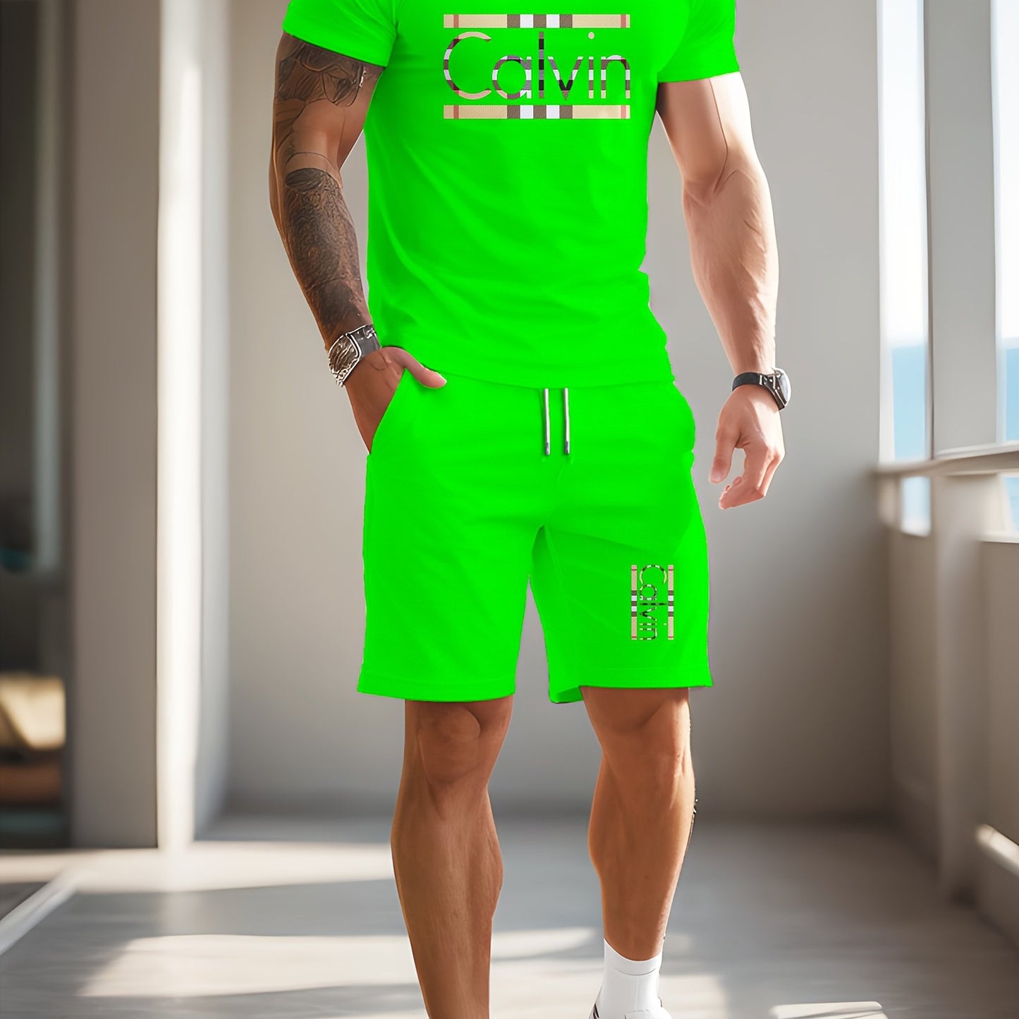 Men'S Casual Street Style 3D Quick-Dry Crew Neck Short Sleeve T-Shirt & Beach Shorts Set - Vibrant Pink with "Calvin" Letter Print, Lightweight Summer Outfit for Casual Attire, Beach Attire|Vibrant Print Tee|Lightweight Fabri