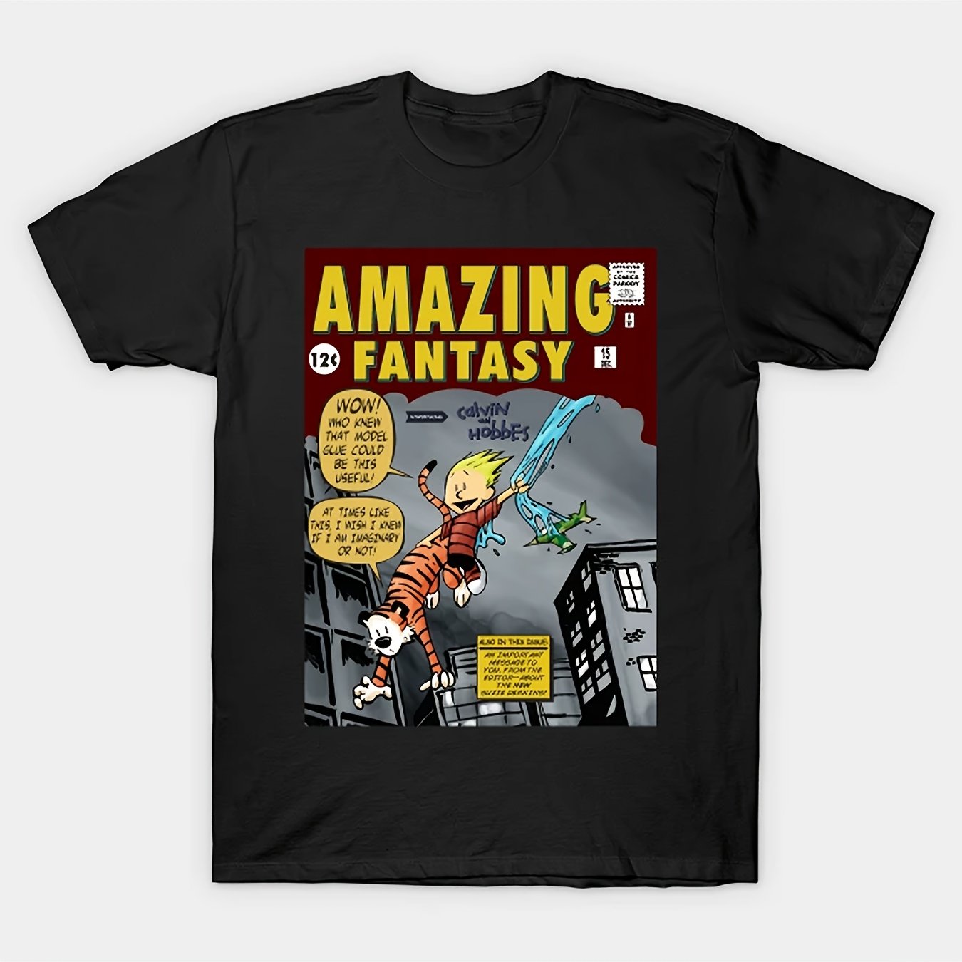 Men's Vintage-Inspired Calvin and Hobbes Parody T-Shirt - 100% Cotton, Round Neck, Short Sleeve with Amazing Fantasy II Print, High-Elasticity Fabric, Non-Transparent, All-Season Wear, Vintage T Shirts