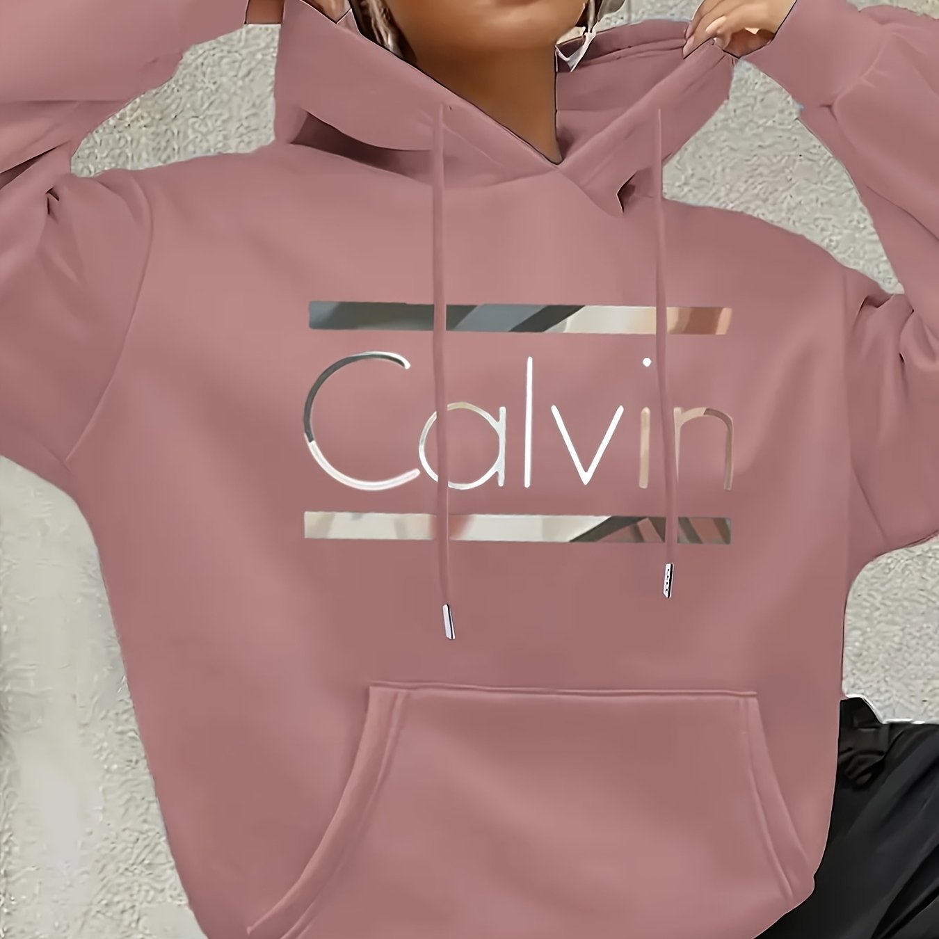 [Cozy Calvin Hoodie] Cozy Polyester Women's "Calvin" Graphic Hoodie | Casual Green Letter Print Pullover with Drawstrings, Long Sleeves, and Front Pocket