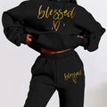 [Fleece-Lined | Casual Set] Fleece-Lined Women's Casual Hoodie & Pants Set - "Blessed" Graphic Print, Drawstring Waist, All-Season Comfort, Casual Attire, Wear, Style