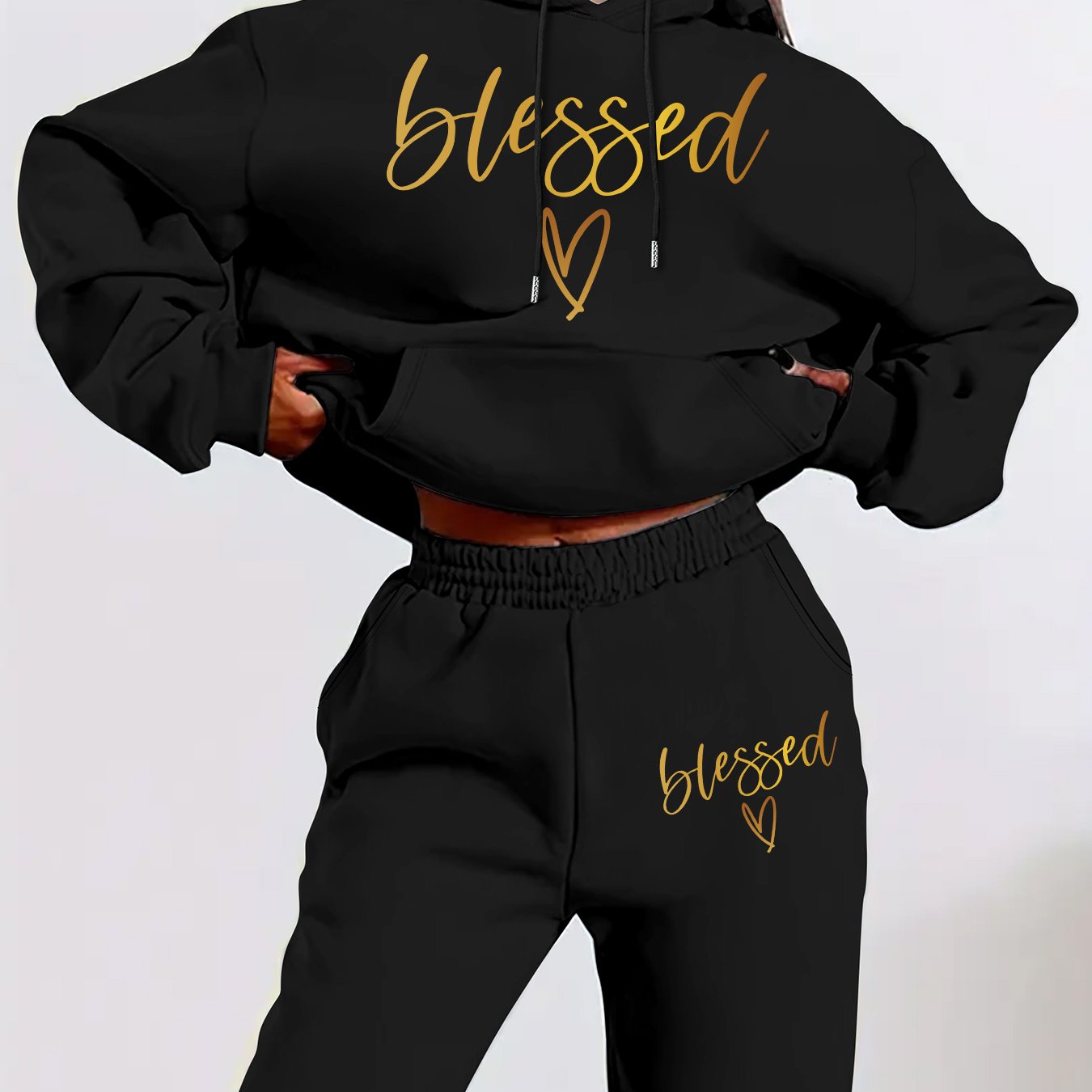 [Fleece-Lined | Casual Set] Fleece-Lined Women's Casual Hoodie & Pants Set - "Blessed" Graphic Print, Drawstring Waist, All-Season Comfort, Casual Attire, Wear, Style
