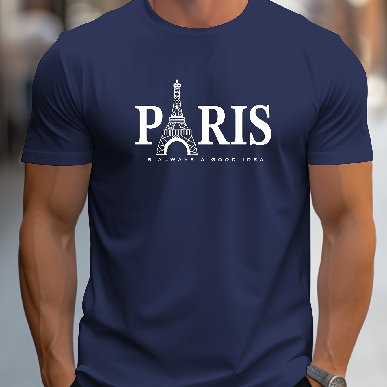 Men's Paris Eiffel Tower Graphic Tee - Casual Crew Neck, Short Sleeve T-Shirt with Stretch Fabric, Machine Washable - Summer Essential